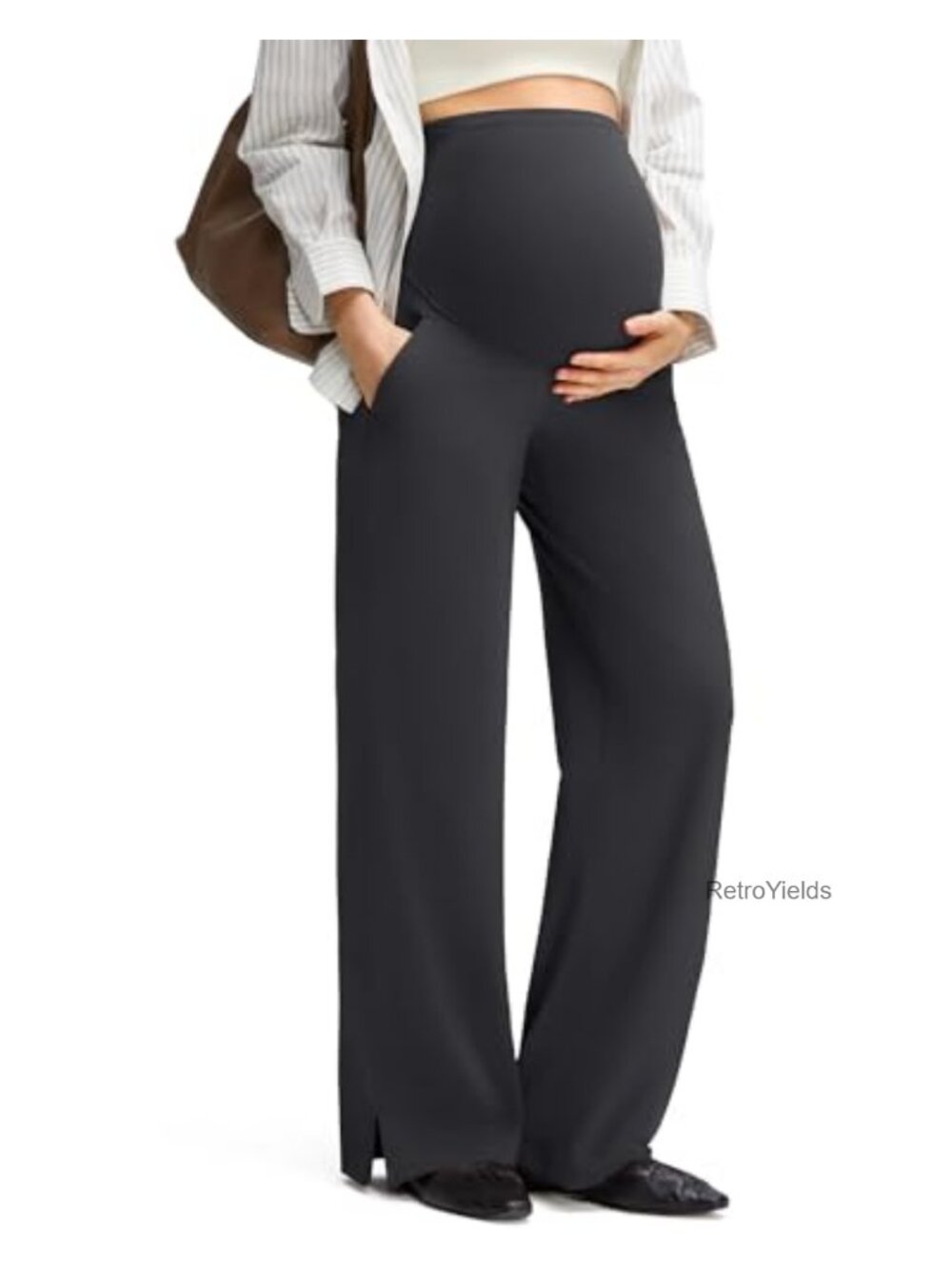 Wide Leg Maternity Work Pants Side Slit Pockets Wrinkle Resistant